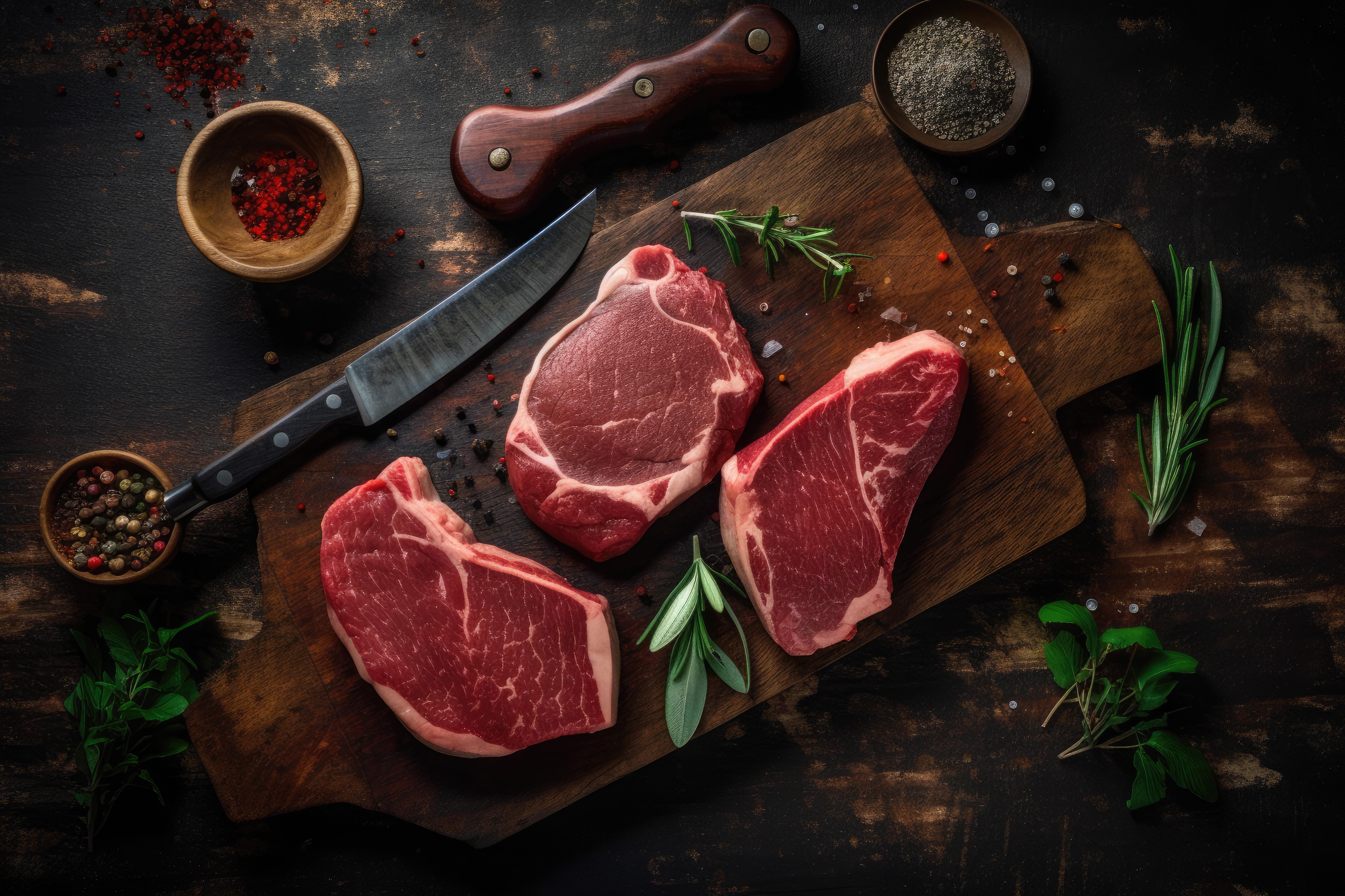 meats with spices and utensils on a rustic cutting board and dark wood