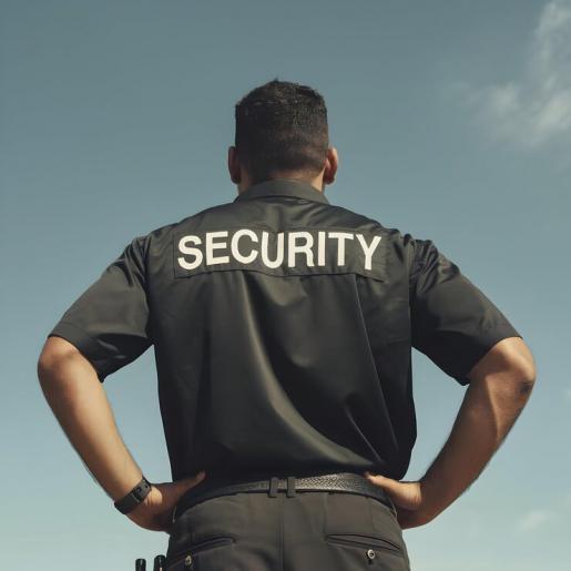 back of a man with a black shirt written "security"